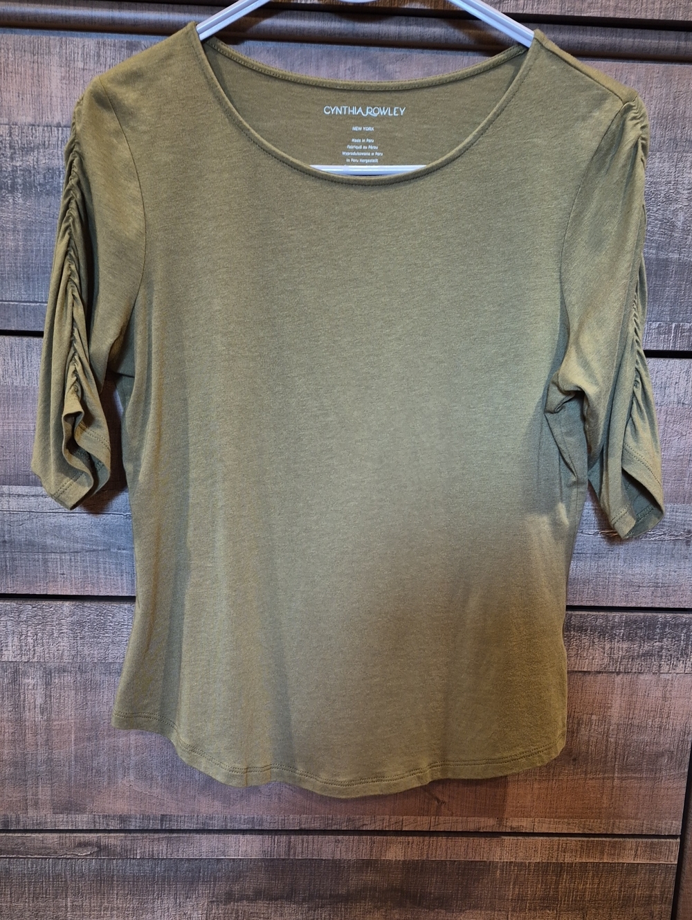 Cynthia Rowley Olive Ruched Short Sleeve Scoop Neck Top